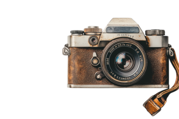 Vintage camera worn leather nostalgic feel aged metal classic design simple background top view isolated on transparent background