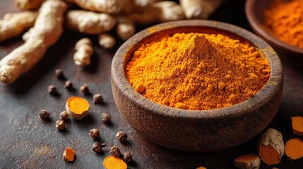 Indian food Turmeric Spices top view on a dark brown background