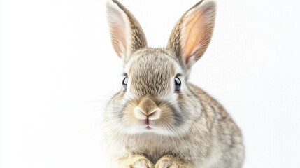 Baby rabbit portrait against white background, focus on adorable face, possible use for pet or animal theme