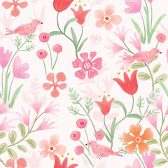 Beautiful watercolor pink bird in pink orange flower with green leaf seamless pattern