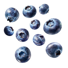 Juicy blueberries floating freely on a transparent background.