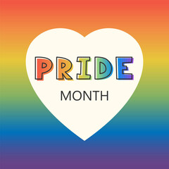 Vector illustration for Pride Month. Heart shape with rainbow text on colorful gradient background. Perfect for posters, social media, stickers, LGBT events, diversity concept