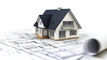 Small house model on architectural blueprints. Possible use Stock photo for architectural, construction, or real estate purposes