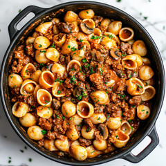 Bowl of pasta with meat and mushrooms