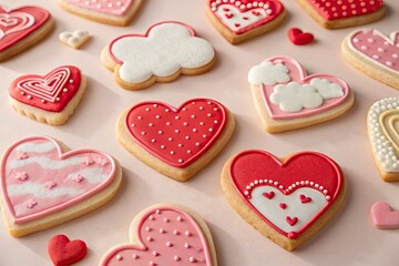 Delicate pastel heart and cloud butter cookies, perfect for Valentine's Day. High-resolution image.