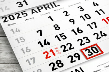 Deutscher Kalender Datum 30. April  2025