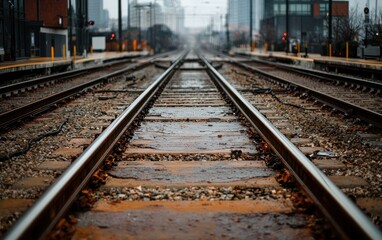 Obraz premium Train Tracks Receding Into Hazy Urban Cityscape