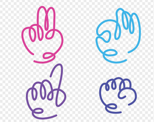 Collection of four unique stylized vector illustrations of hands in different neon colors on a white background. Expressiveness through gestures, emphasizing form, lines and symbolism