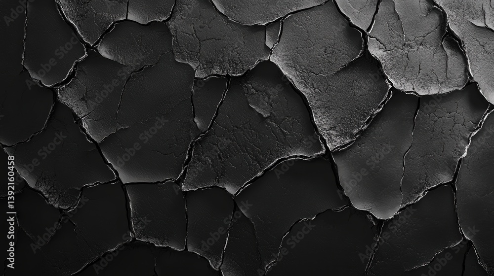 Poster a textured black surface with cracked patterns, showcasing an abstract design that emphasizes depth 