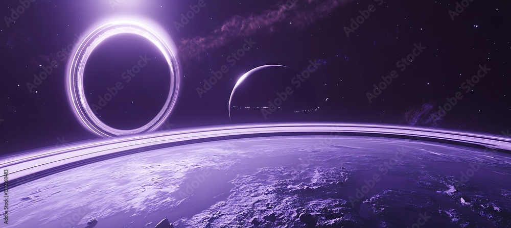 Poster a futuristic space station orbiting a pulsar, with glowing technology and vibrant beams of radiation