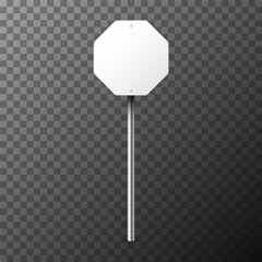 Realistic white hexagonal traffic sign on metal pole on transparent background. Blank highway board with place for text or information. Directional wayfinder, signpost symbol. Vector illustration