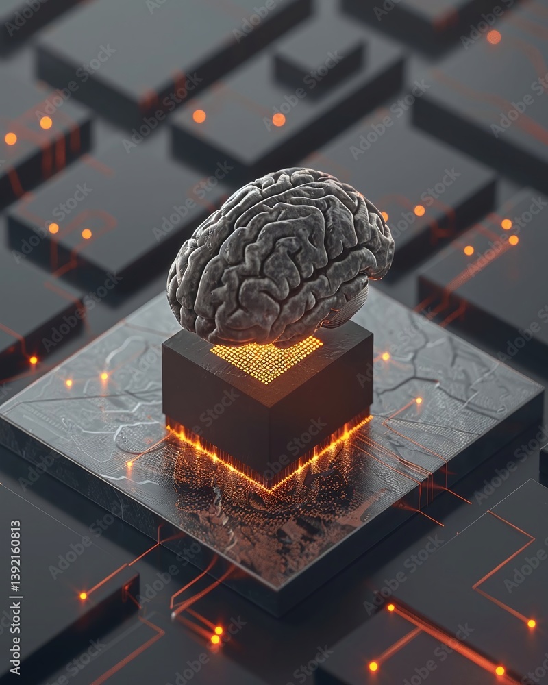 Poster futuristic depiction of a brain on a glowing platform amidst a digital circuit background