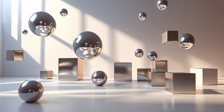 Abstract Composition Of Chrome Spheres And Cubes In A Bright White Room
