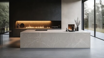 Modern kitchen island with marble countertop and built in fireplace offering luxurious interior design