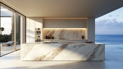Modern Luxury Kitchen Design with Ocean View Stunning Marble Island and Built in Appliances