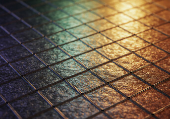 Close-up of abstract, textured tile grid, highlighted by warm golden and cool blue light, creating a patterned, glossy surface.