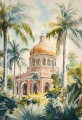 Naklejka premium A watercolor painting depicts a building surrounded by tropical plants