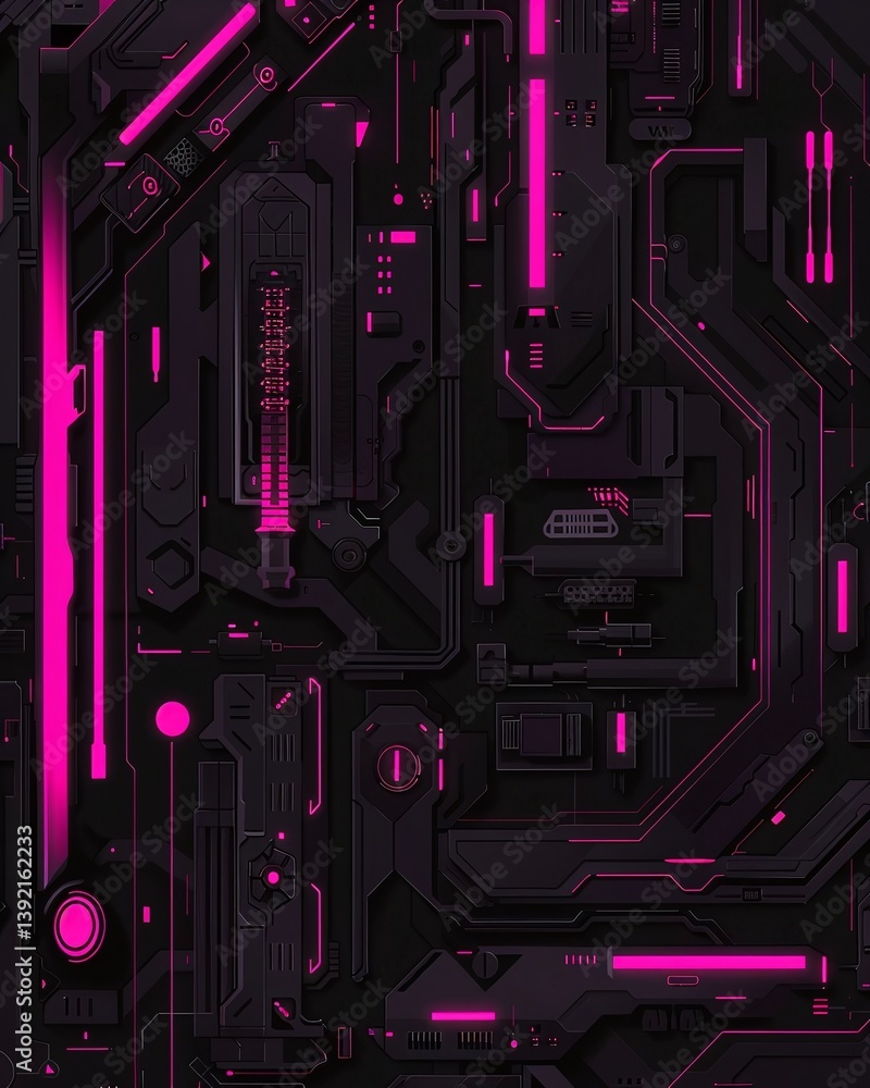 Poster futuristic abstract background featuring neon pink lines and circuit patterns on a dark surface