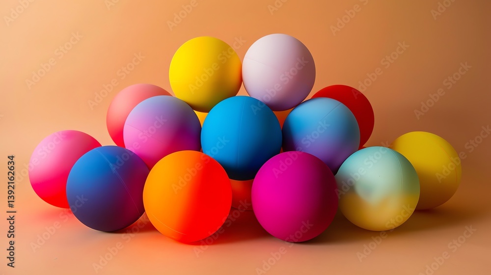 Poster a 3d rendering of a stack of different colored balls.