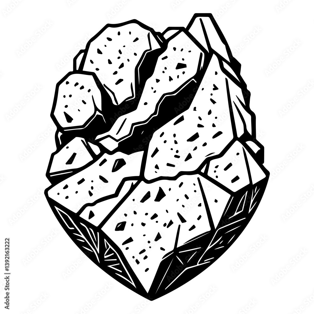 Poster monochromatic mineral formation drawing with geometric patterns and shading effects