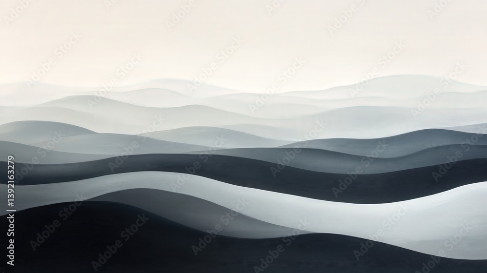Poster a serene abstract landscape featuring undulating waves in shades of gray and black, creating a sooth