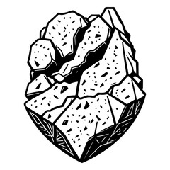 Monochromatic mineral formation drawing with geometric patterns and shading effects