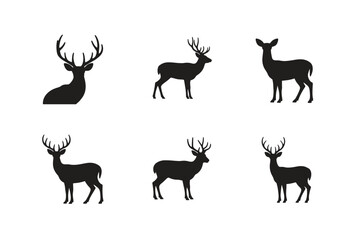 Fototapeta premium Set of deer silhouettes in black and white, featuring various wild deer species like reindeer, stag, and moose with antlers, perfect for wildlife and nature-themed illustrations
