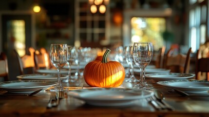 Festive Autumn Thanksgiving Dinner Table Setting with Pumpkin