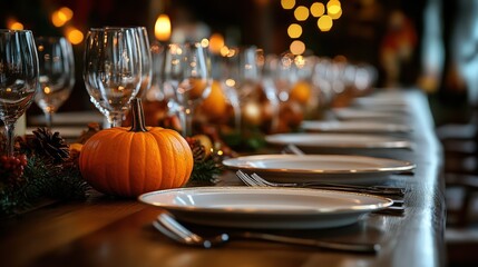 Festive Thanksgiving Dinner Table Setting with Pumpkins and Elegant Place Settings