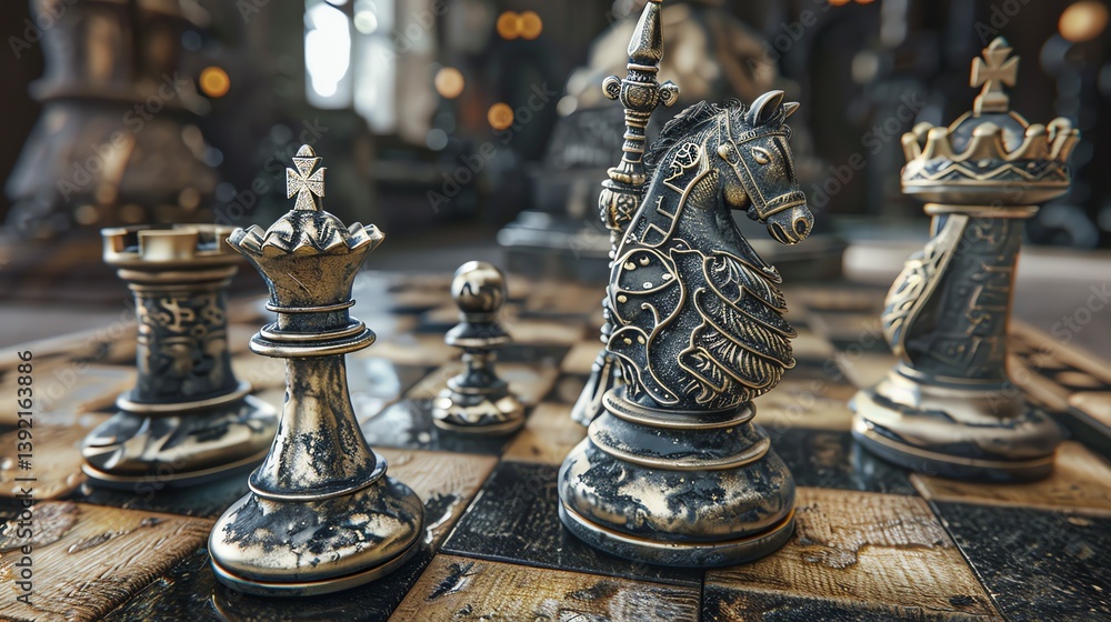 Poster 3d rendering of a chessboard with metal chess pieces. the focus is on the knight, which is in the mi