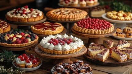 Fototapeta premium Delicious Assortment of Sweet Fruit Tarts and Cakes on Wooden Stands A Festive Bakery Display