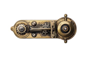 Intricate antique brass mechanism detailed gears aged patina steampunk aesthetic isolated white isolated on transparent background