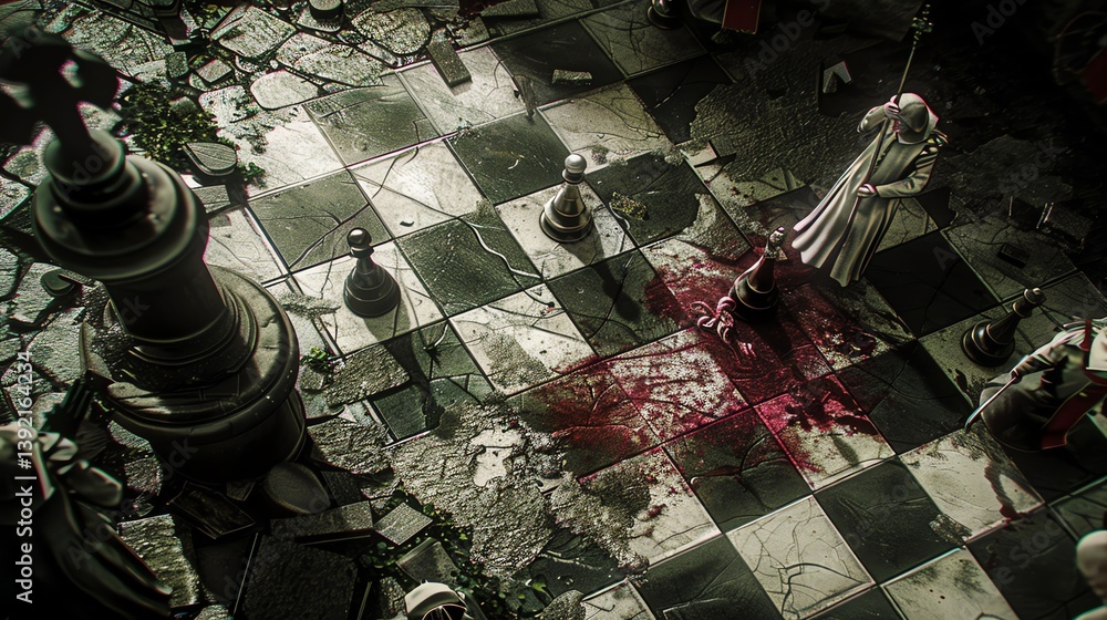 Aufkleber 3d rendering of a chessboard with dark, gothic theme. the chessboard is made of stone with overgrown