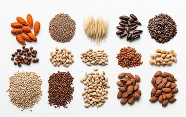Variety of Seeds and Grains on White Background