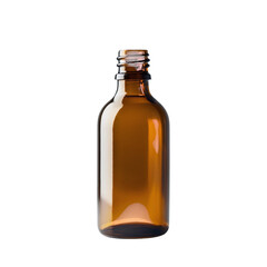 Minimalist amber glass bottle, open and cap-free, against transparent backdrop.