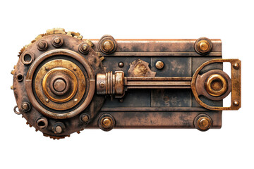 Intricate steampunk style mechanism copper and brass gears detailed craftsmanship antique aesthetic isolated on transparent background
