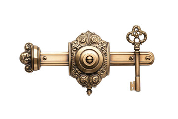 Antique ornate brass door lock and key elegant design detailed craftsmanship vintage style home isolated on transparent background