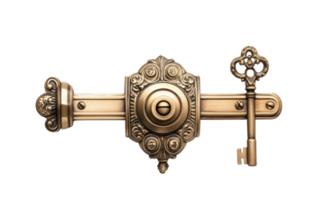 Antique ornate brass door lock and key elegant design detailed craftsmanship vintage style home isolated on transparent background