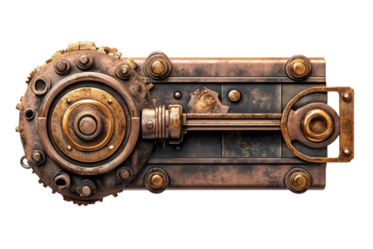 Intricate steampunk style mechanism copper and brass gears detailed craftsmanship antique aesthetic isolated on transparent background