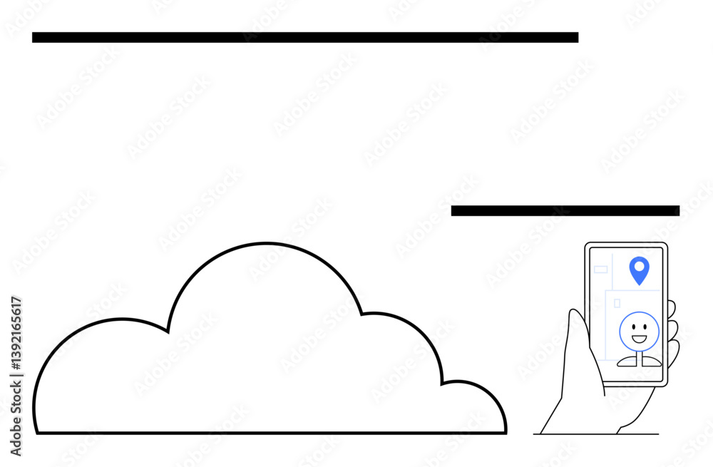 Poster hand holding smartphone displaying location pin and happy face in front of a cloud. ideal for techno