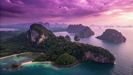Ethereal purple skies, floating islands drift in a surreal drone-captured dreamscape. Digital fantasy art.