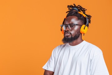 Fototapeta premium Young man with headphones enjoying music against bright orange background in urban setting