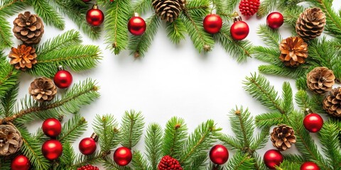 Festive fir branches and vibrant red ornaments: a Christmas macro close-up for your holiday greeting.