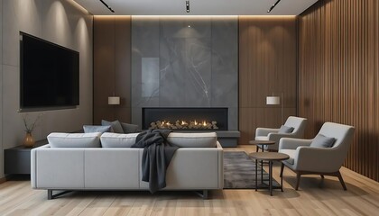 Sophisticated interior showcasing fireplace, seating, and modern design elements