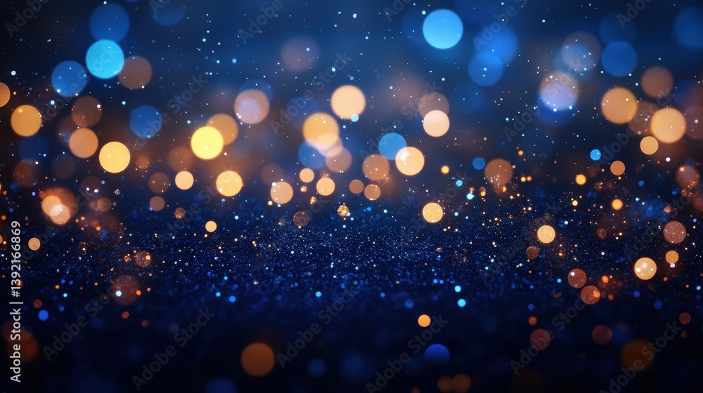 Poster a mesmerizing display of shimmering bokeh lights in shades of blue and gold, creating an enchanting,