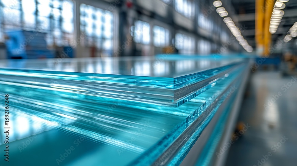 Poster high quality glass sheets are lined up in a manufacturing facility, showcasing precision in fabricat