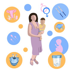 Vector isolated illustration of pregnancy planning. Search for a sperm donor. Freezing of eggs and sperm. Preparation for artificial insemination.