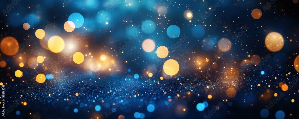 Poster a vibrant abstract background featuring shimmering blue and gold bokeh circles, creating a dreamy an
