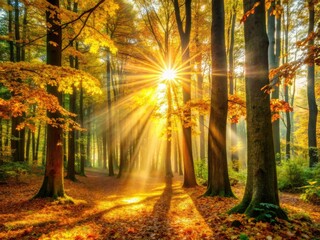 Obraz premium Golden hour sunlight filters through a tranquil forest, painting peaceful woodland scenes.