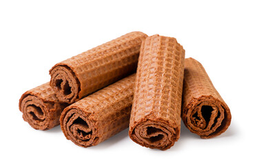 Chocolate wafer rolls on a white background. Isolated